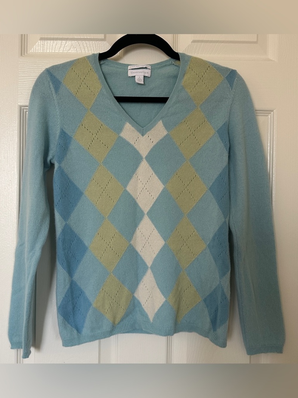 Charter Club 100% Cashmere Sweater Size Small Argyle V-Neck 2-Ply Preppy Luxury